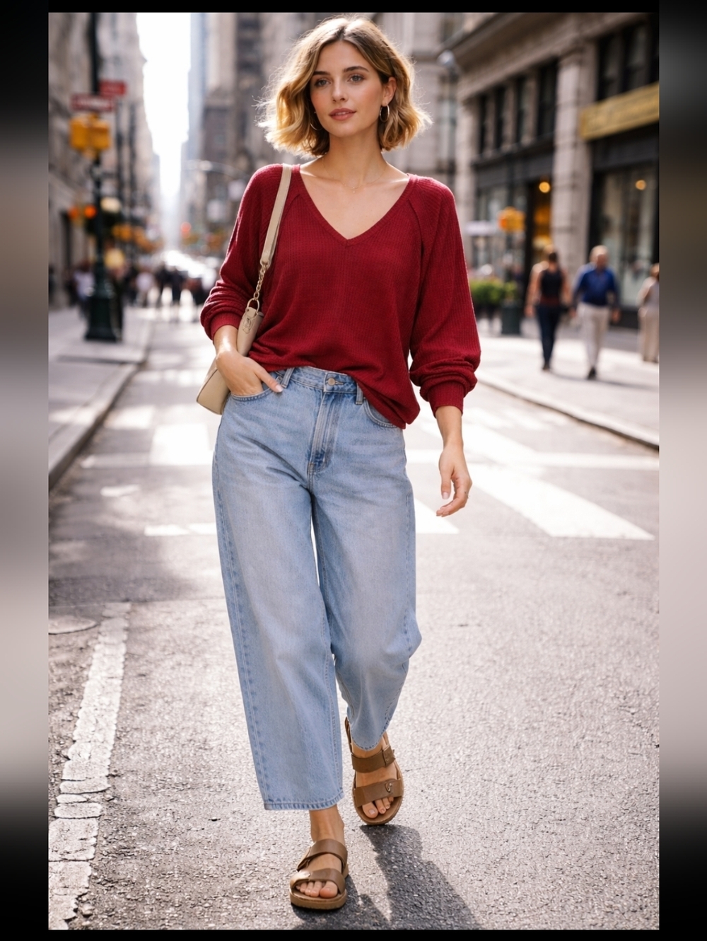 We The‎ Free Thermal Top Long Sleeve Vneck Waffle Knit Pullover Burgundy Top